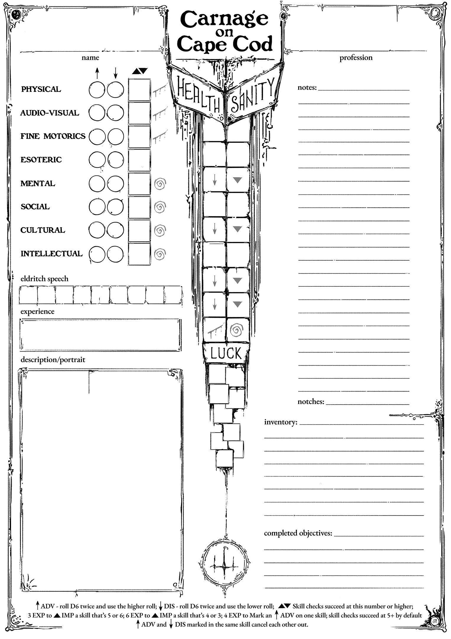 Character sheet, with Skills, Health, Sanity, and Luck bars, Notes, Inventory, Eldritch Speech, Experience points, Completed Objectives, and a Portrait/Description space.