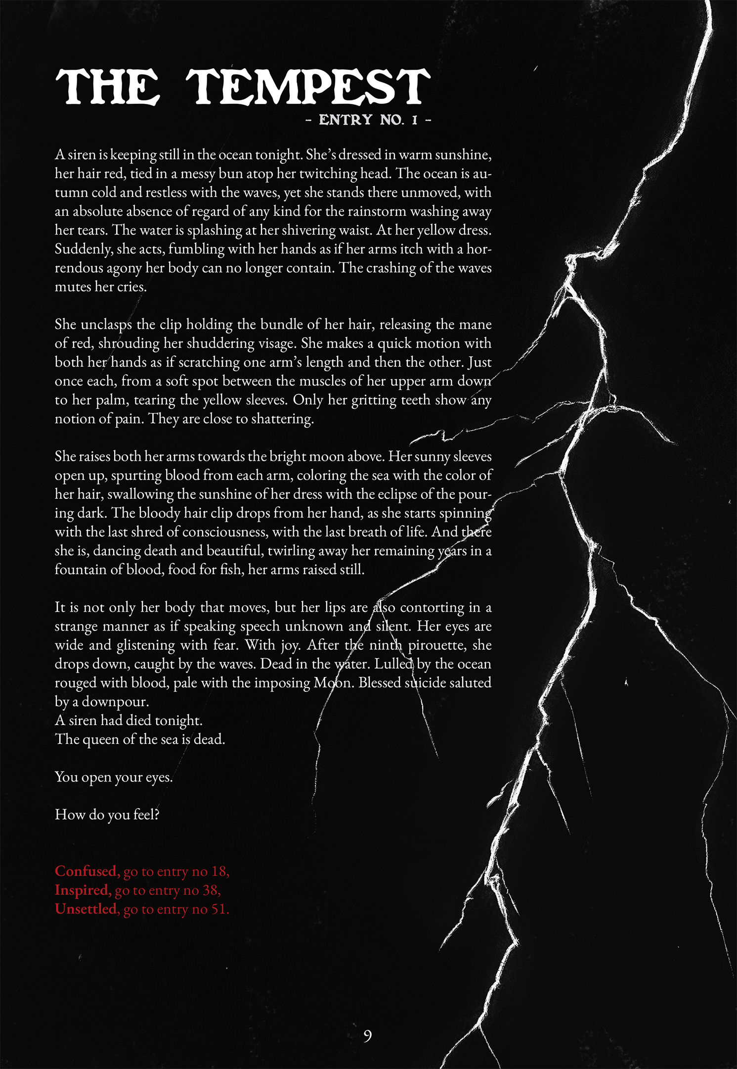 Black page with a white drawing of a lightning strike, titled The Tempest - The first entry, and the first choices you can make.