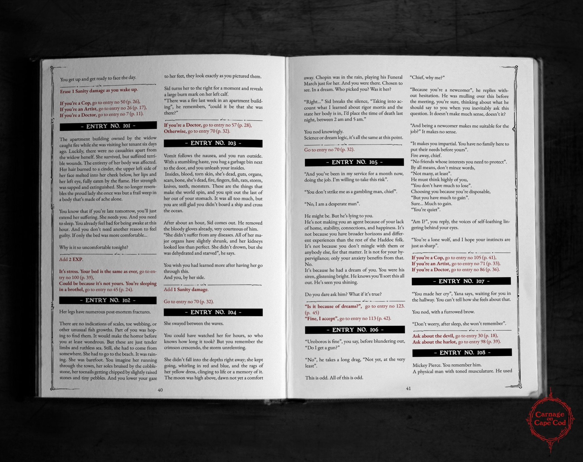 Book spread preview Various entries with Choices, Experience points, and Sanity damage.