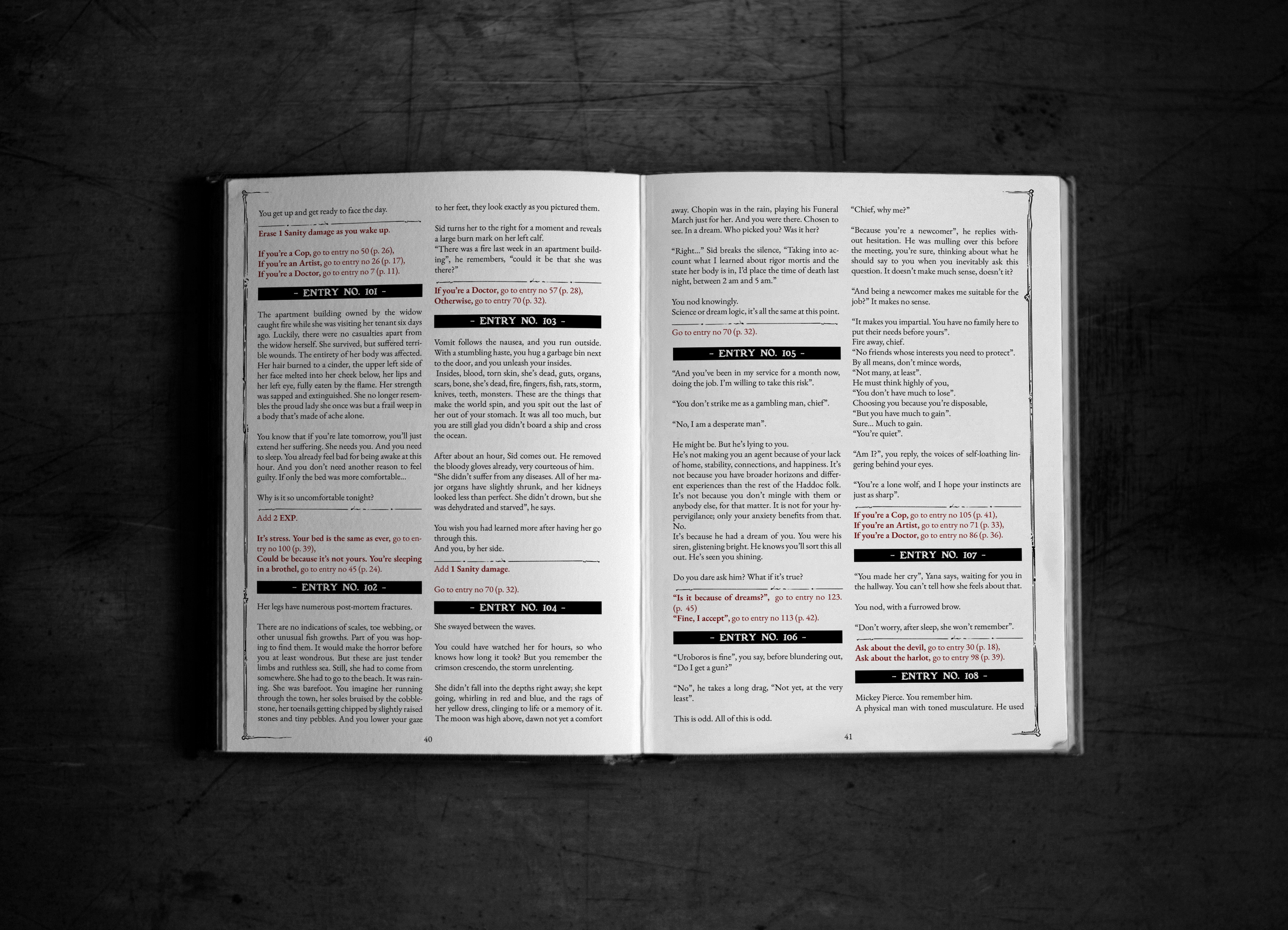 Various entries with Choices, Experience points, and Sanity damage.
