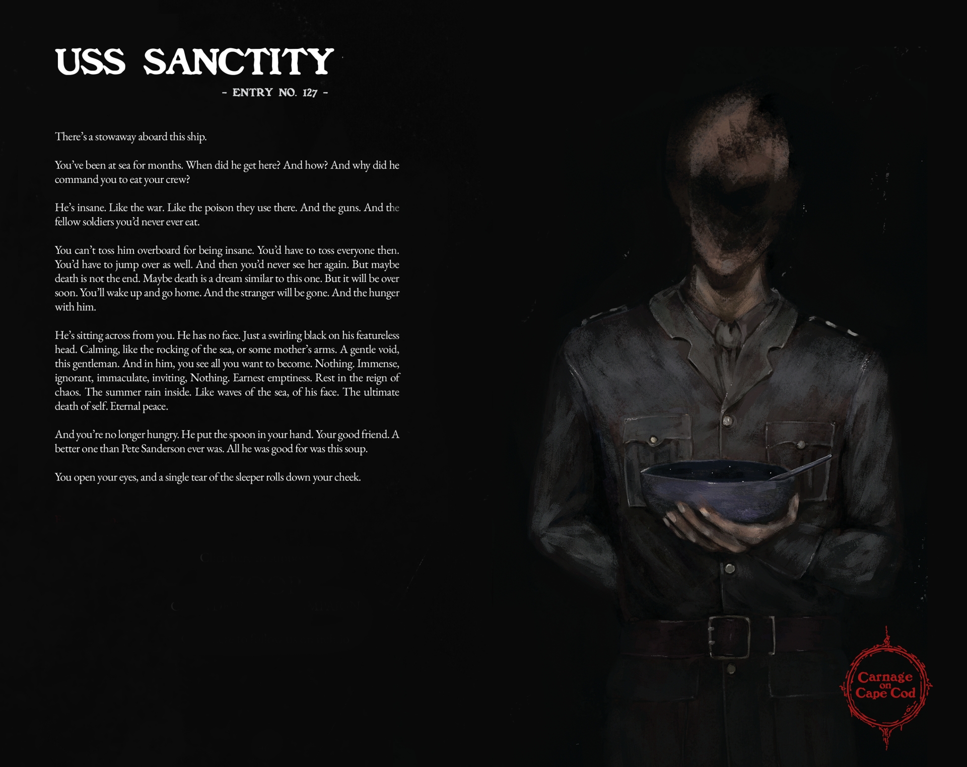 Art page preview, on the right is a story entry, on the left is an art depiction of the entry. It features a person without a face in a soldier's uniform, holding a seemingly empty bowl